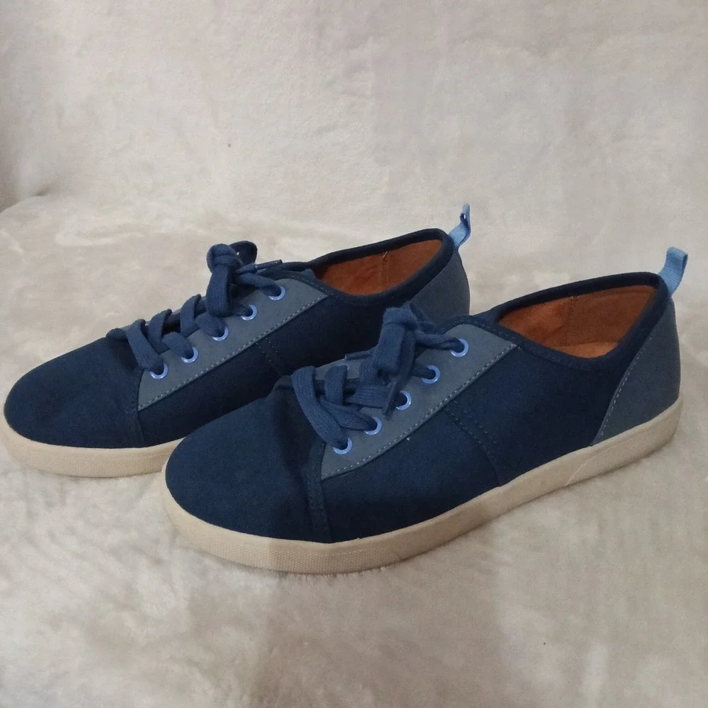 Vionic Pisces Navy Blue Canvas Lace Up Sneakers Womens 7.5 Wide Low Top Casual
